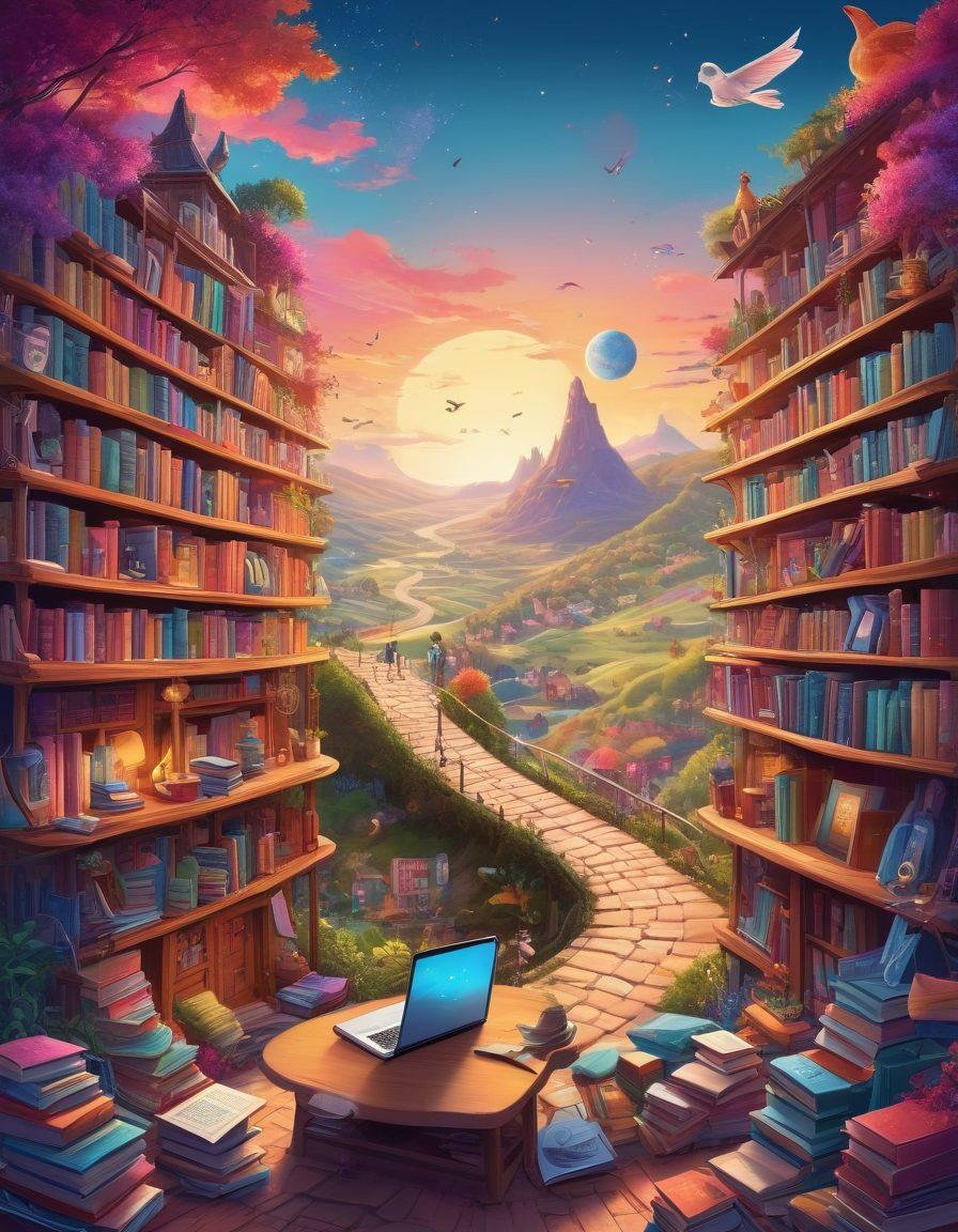 A whimsical illustration of a vast online marketplace filled with colorful books, featuring a winding road that leads through various book genres like fantasy, romance, and non-fiction. Include a laptop displaying a vibrant e-commerce site, with animated books flying off the shelves. Add in whimsical characters like enthusiastic sellers and happy customers engaged in trading. The atmosphere should evoke a sense of adventure and discovery. vibrant colors. vector art.