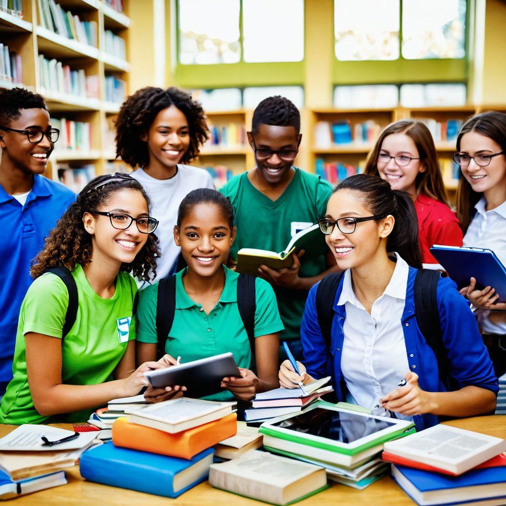A vibrant scene showcasing a diverse group of students enthusiastically exchanging textbooks in a bustling campus environment, surrounded by stacks of books and recycling symbols. Bright colors emphasize the recycling aspect and the joy of learning. Incorporate elements of technology, like a tablet displaying price graphs. super-realistic. colorful. dynamic.