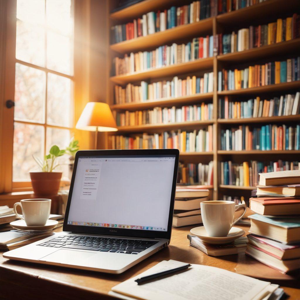 A cozy, sunlit room filled with shelves of colorful used books, a laptop open on a table showing an online marketplace, a steaming cup of coffee nearby, and notes on selling strategies scattered around. The atmosphere is inviting and motivational, showcasing the joy of reading and selling books. warm tones. soft focus. vibrant colors.